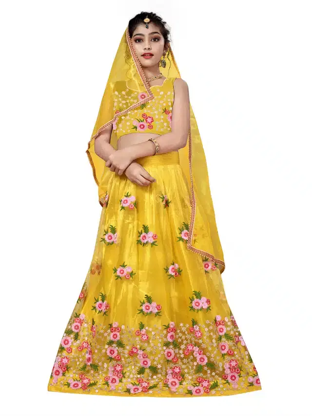 Net Embroidered Semi Stitched Lehenga for Girls (Yellow, 9-10 Years)