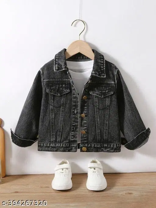 Denim Solid Jacket for Girls (Black, 6-7 Years)