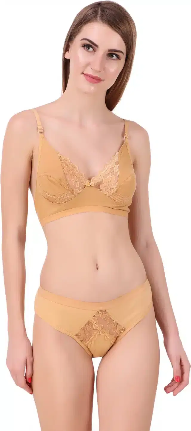 Cotton Blend Lingerie Set for Women (Beige, 34)