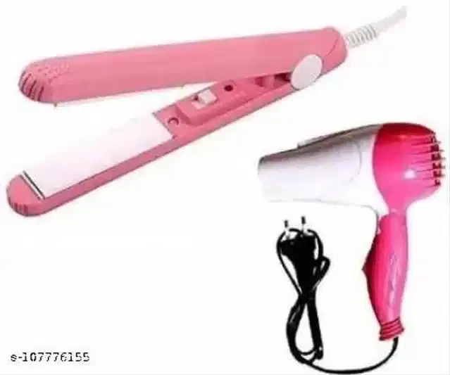 Hair Straightener with Dryer, Pink & White, Set of 2