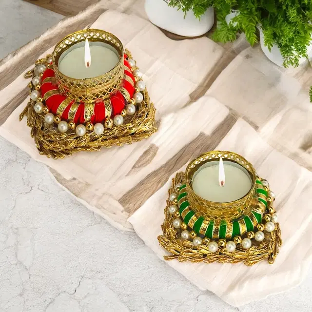 Metal Designer Tealight Candle Holder, Multicolor, 9.5x9.5x4 cm, Pack of 2