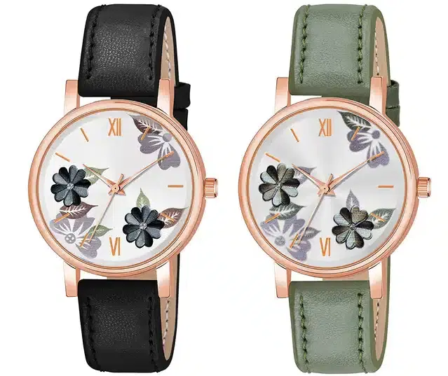 Designer Leather Analog Watch for Women & Girls, Pack of 2 (Black & Green)