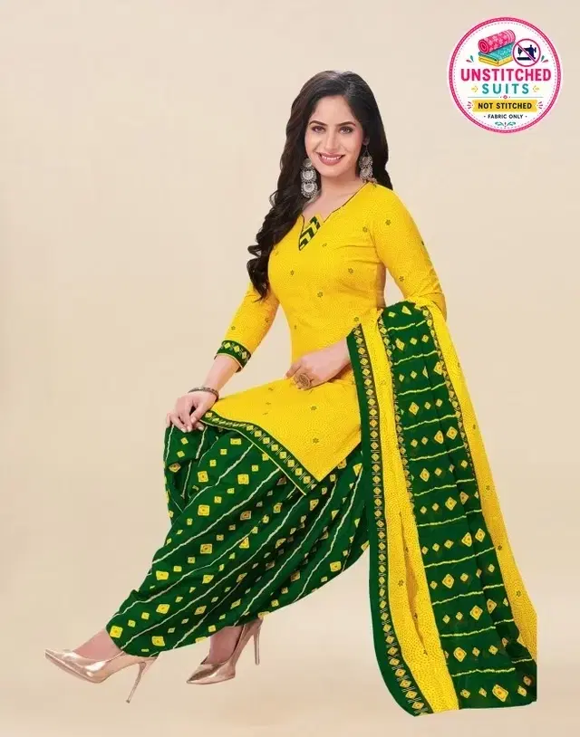 Crepe Block Print Unstitched Suit with Dupatta for Women, Yellow