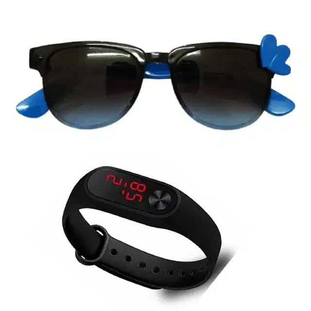 UV Protected Sunglass with Digital Watch for Boys & Girls, Set of 2 (Black)