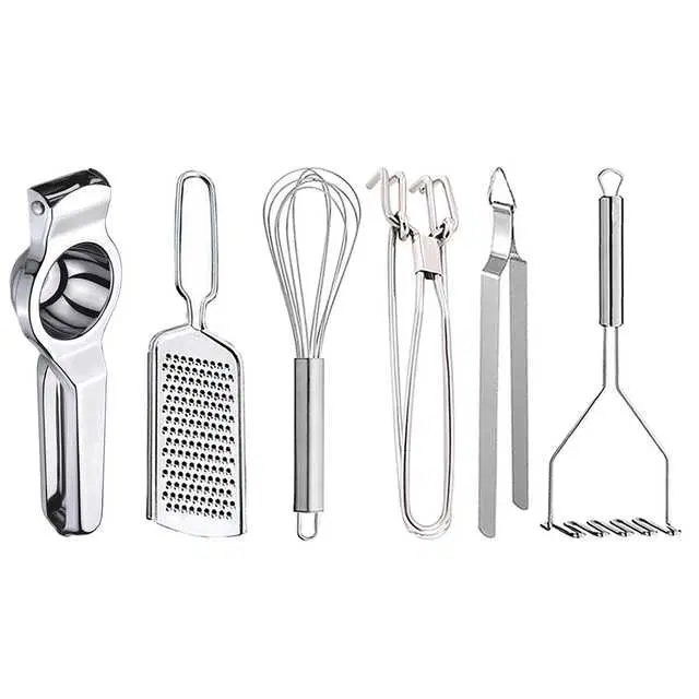 Oc9 Stainless Steel Lemon Squeezer & Cheese Grater & Egg Whisk & Pakkad & Roti Chimta & Potato Masher Kitchen Tool Set, O-124