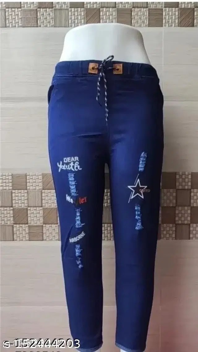 Denim Printed Jeans for Girls (Navy Blue, 14-15 Years)