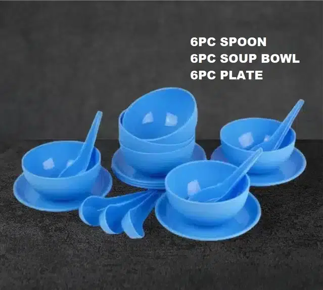 Combo of Microwave Safe 6 Soup Bowls with 6 Spoons & 6 Plates, Set of 3, Blue