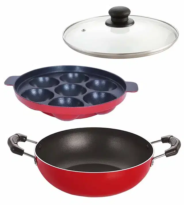 Non-Stick Aluminium Appam with Kadhai & Lid, Red, Set of 3