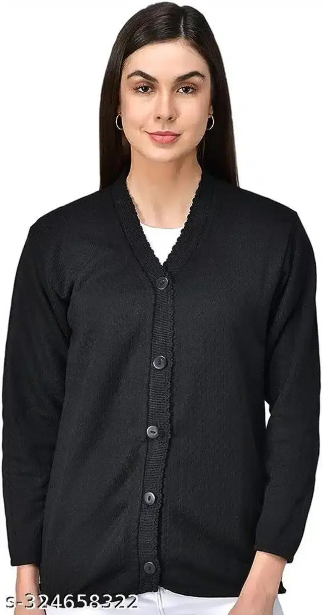 Woolen Solid Full Sleeves Sweater for Women (Black, Free Size)
