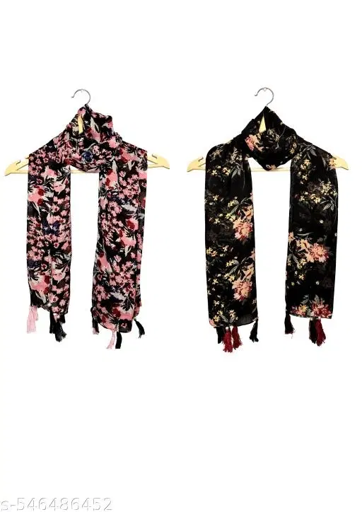 Chiffon Scarves for Women, Black, Pack of 2