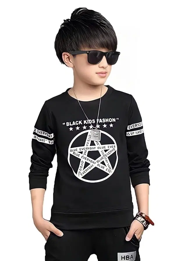 Round Neck Full Sleeves Printed T-Shirt for Boys (Black, 2-3 Years)