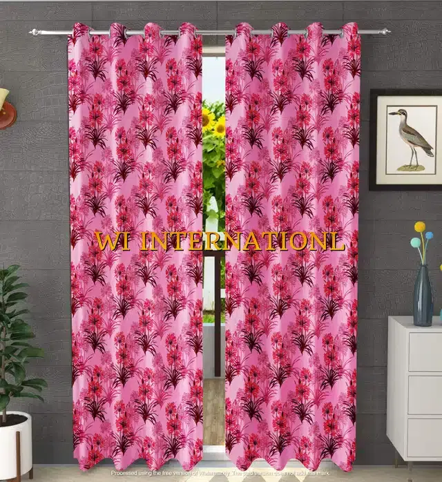 Polyester Printed Window & Door Curtains, Pack of 2, Pink, 5 feet