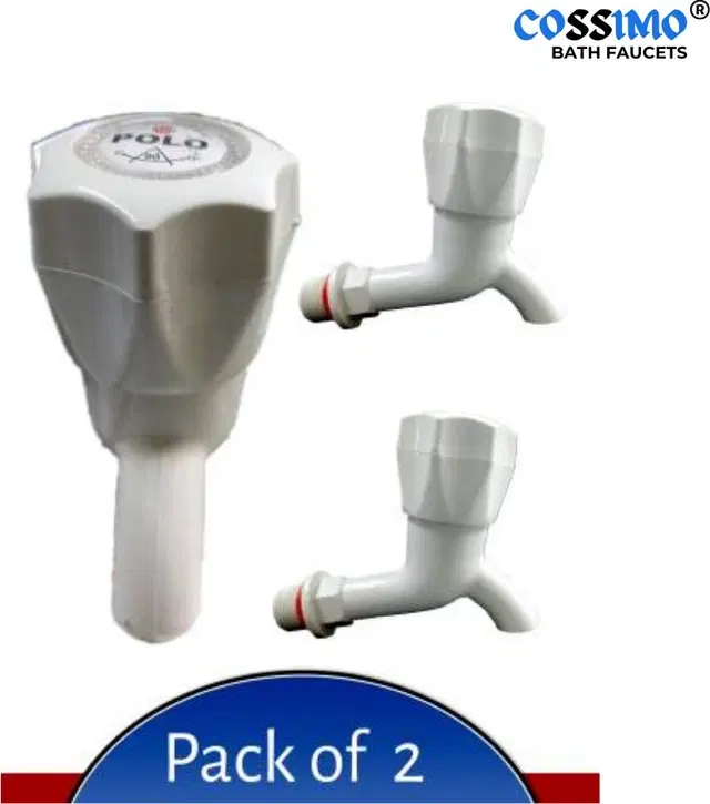 Plastic Long Body Bib Cock Tap with Wall Flange, White, Set of 2