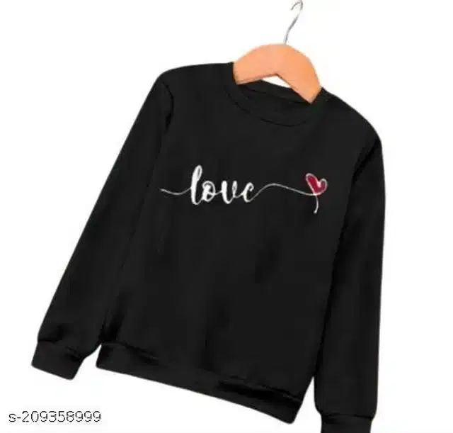 Fleece Printed Full Sleeves Round Neck Sweatshirt for Women (Black, S)