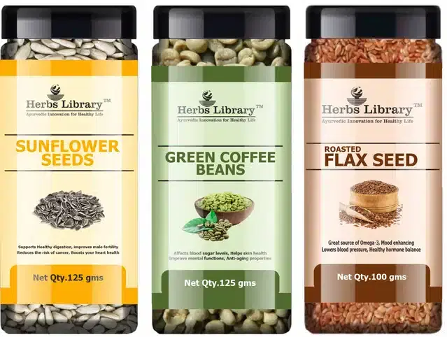 Herbs Library Sunflower Seeds, Green Coffee Beans and Roasted Flax Seeds, Pack of 3, 125 g
