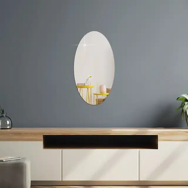 Acrylic Oval Shaped Wall Mirror Stickers, Silver, 20x30 cm