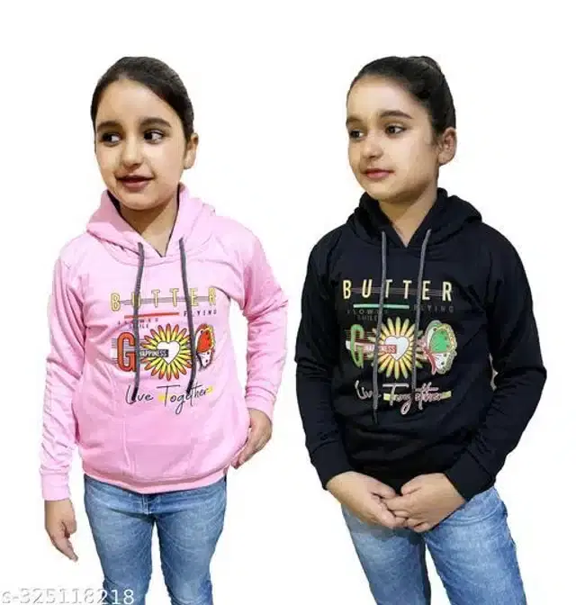 Fleece Printed Full Sleeves Hooded Sweatshirts for Girls, Pack of 2 (Light Pink & Black, 4-5 Years)