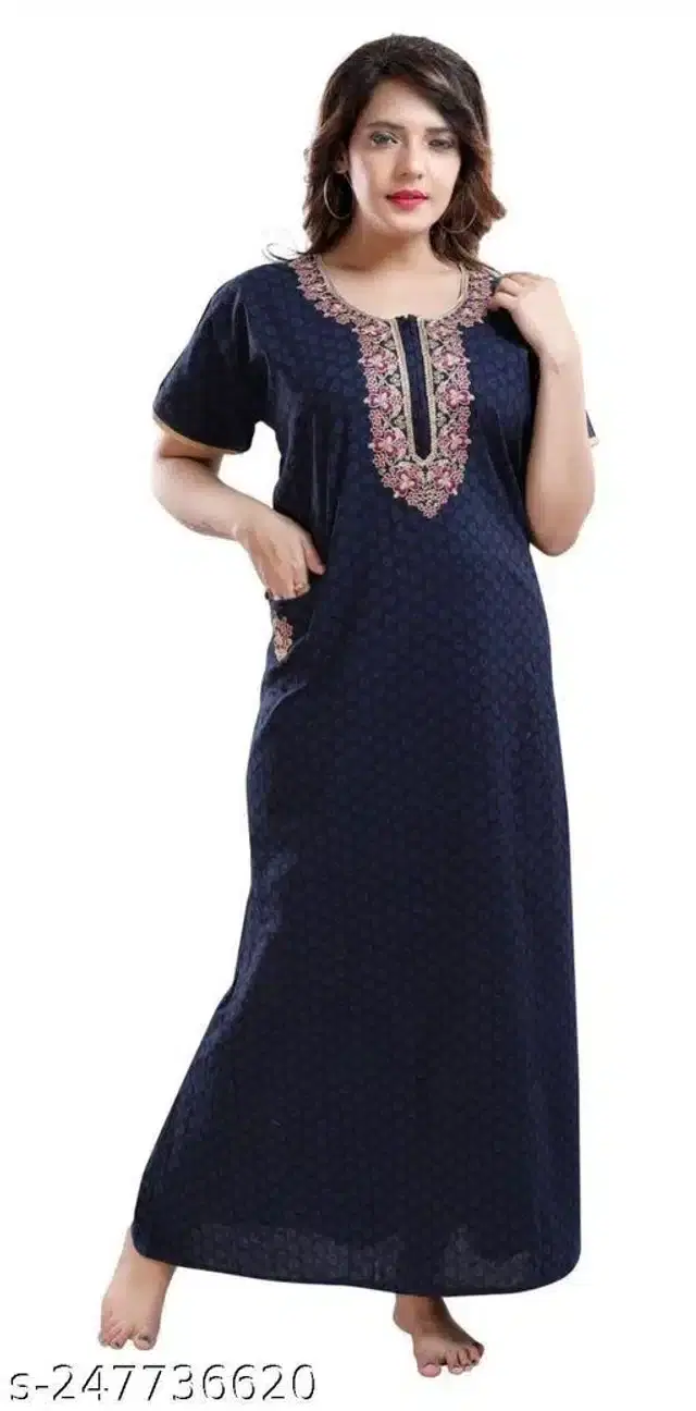 Cotton Printed Gown for Women (Navy Blue, XXL)
