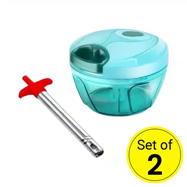 Manual Vegetable Chopper with 3 Blades, Green, 500 ml with Gas Lighter, Set of 2