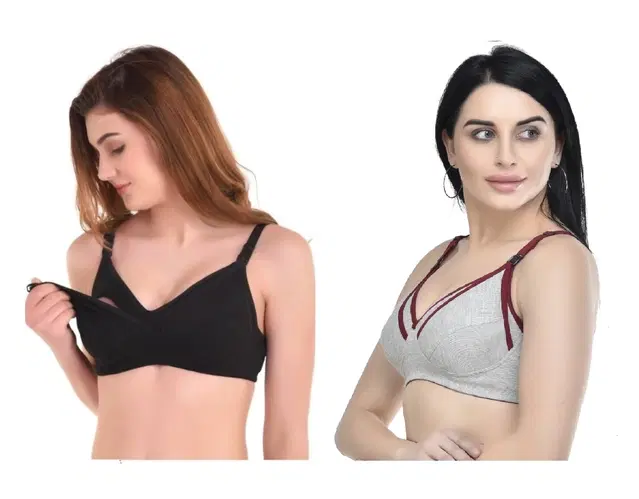 Cotton Blend Solid Non Padded Feeding Bras for Women, Pack of 2 (Multicolor, 40)