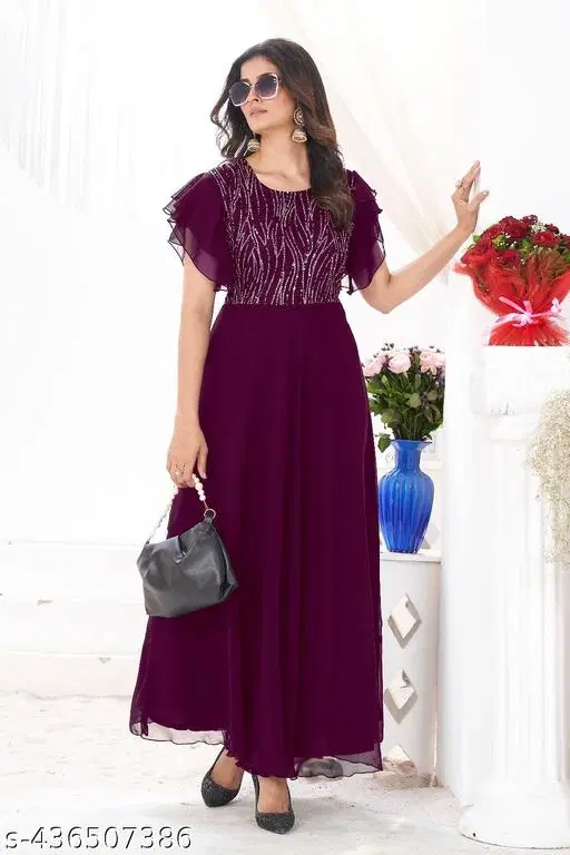 Georgette Embellished Gown for Women (Wine, L)