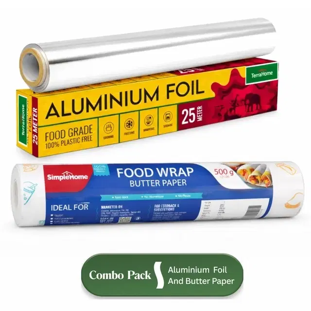 TerraHome Aluminium Foil 25m [With in-built Cutter] and SimpleHome Basic Food Wrapping Paper 500g [Gross] [Pack of 2]