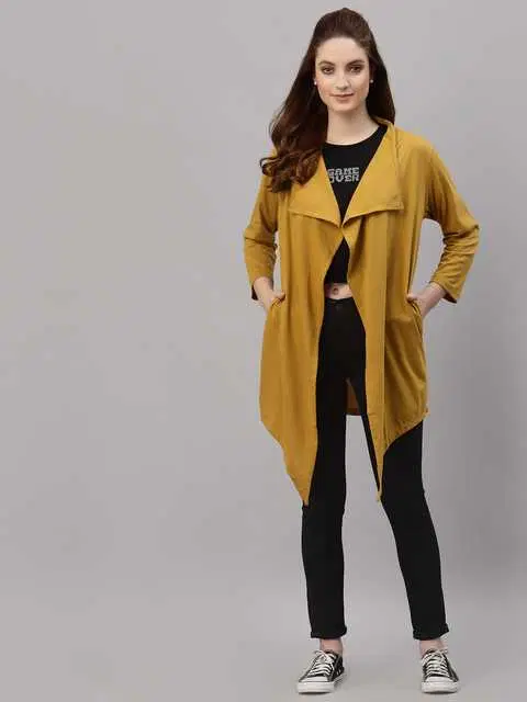 Rigo Cotton Solid Thigh Length Shrug for Women (Mustard Yellow, Free Size)