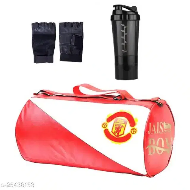 Combo of Gym Bag with Shaker Bottle, 400 ml, Gloves, Multicolor, Set of 3