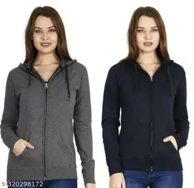 Wool Solid Full Sleeves Jacket for Girls, Pack of 2 (Grey & Navy Blue, 10-11 Years)