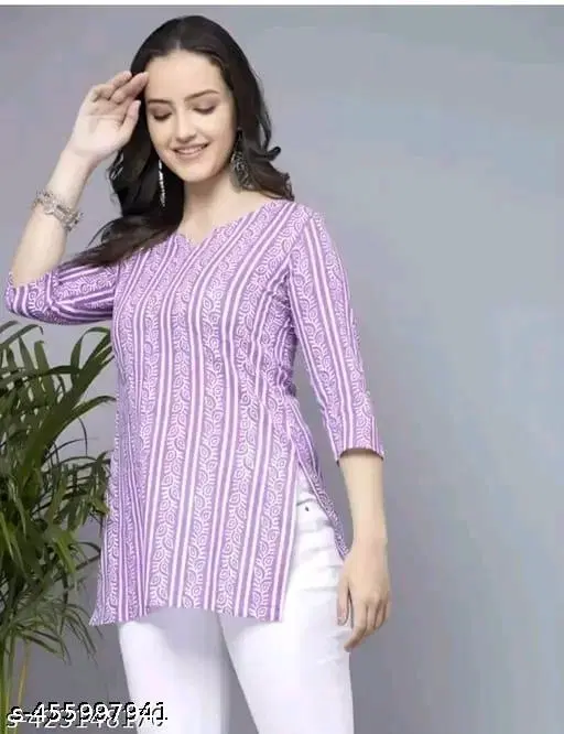 Cotton Striped Short Kurti for Women, Lavender (L)