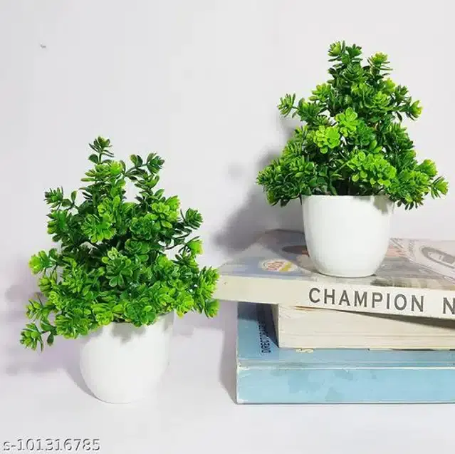 Plastic Artificial Mini Bonsai Plant, Green, Pack of 2