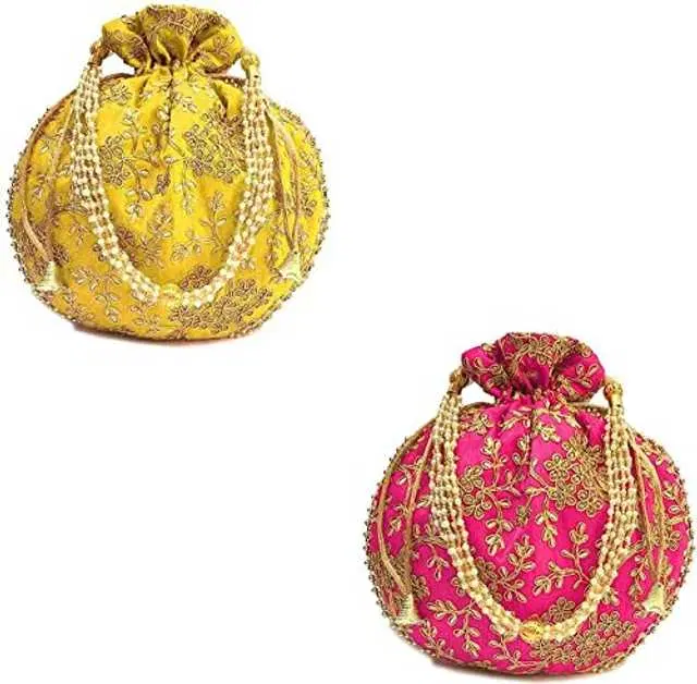 Cotton Silk Ethnic & Traditional Handheld Potli for Women, Yellow & Pink, Pack of 2, A-04