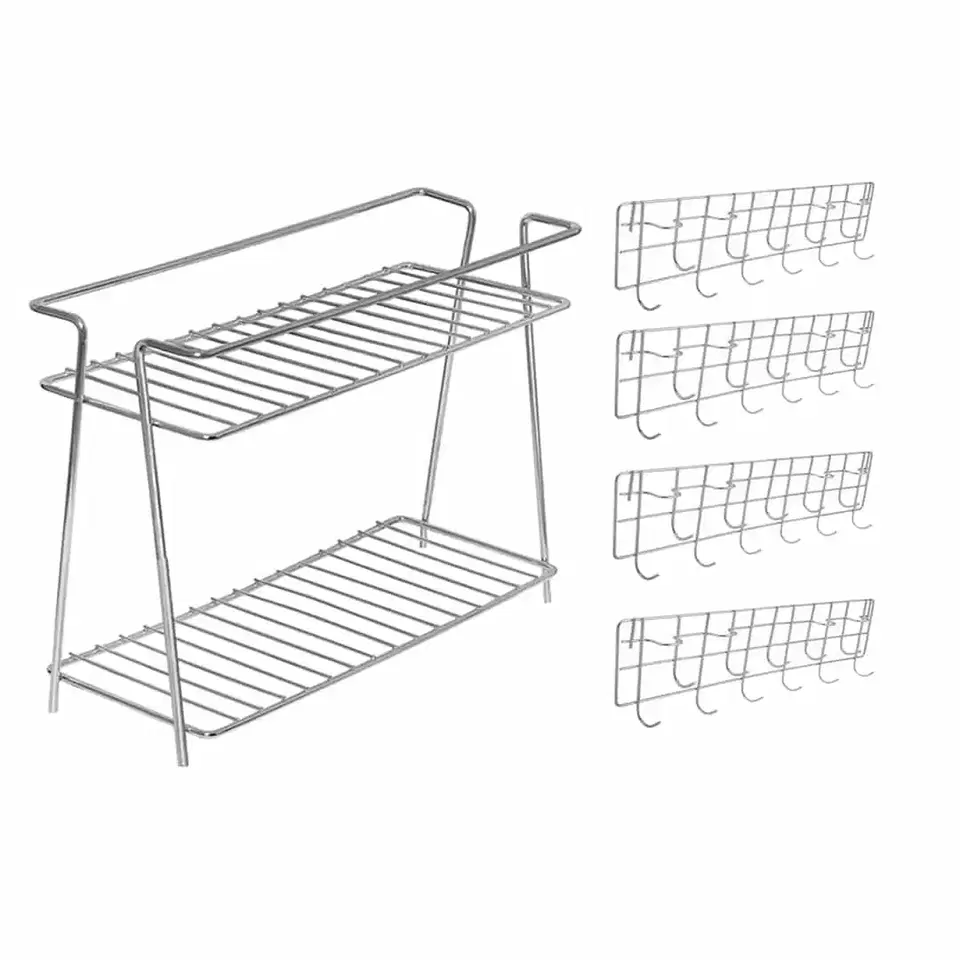 Oc9 Stainless Steel Spice Rack 2 Shelf & Wall Mounted Ladle Hook Rail For Kitchen, Pack Of 4