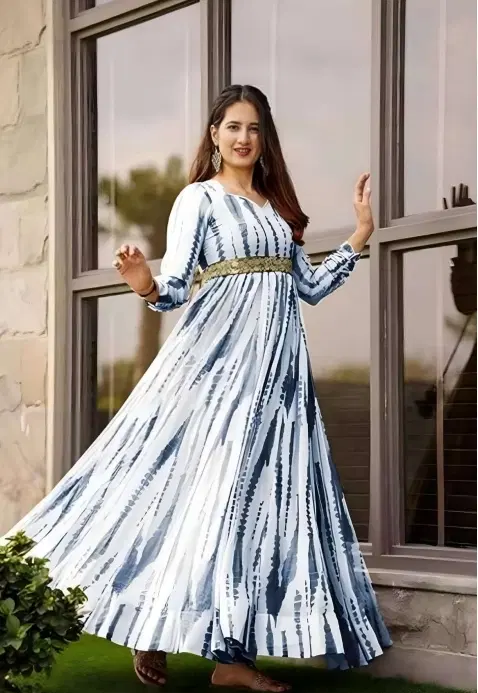 Georgette Printed Gown for Women (White, S)