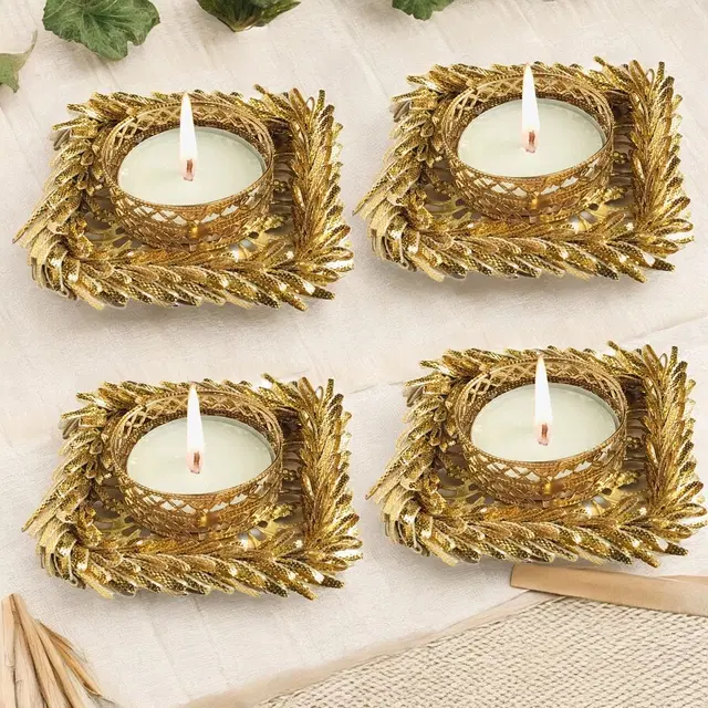 Metal Designer Tealight Candle Holder, Gold, 7.5x7.5x2 cm, Pack of 4