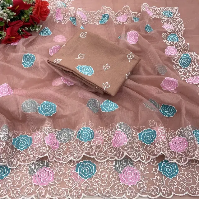 Lycra Blend Embroidered Saree for Women (Peach, 6.3 m)
