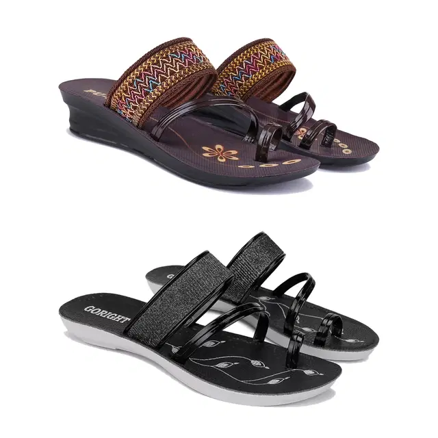 Sandals for Women, Pack of 2 (Brown & Black, 7)
