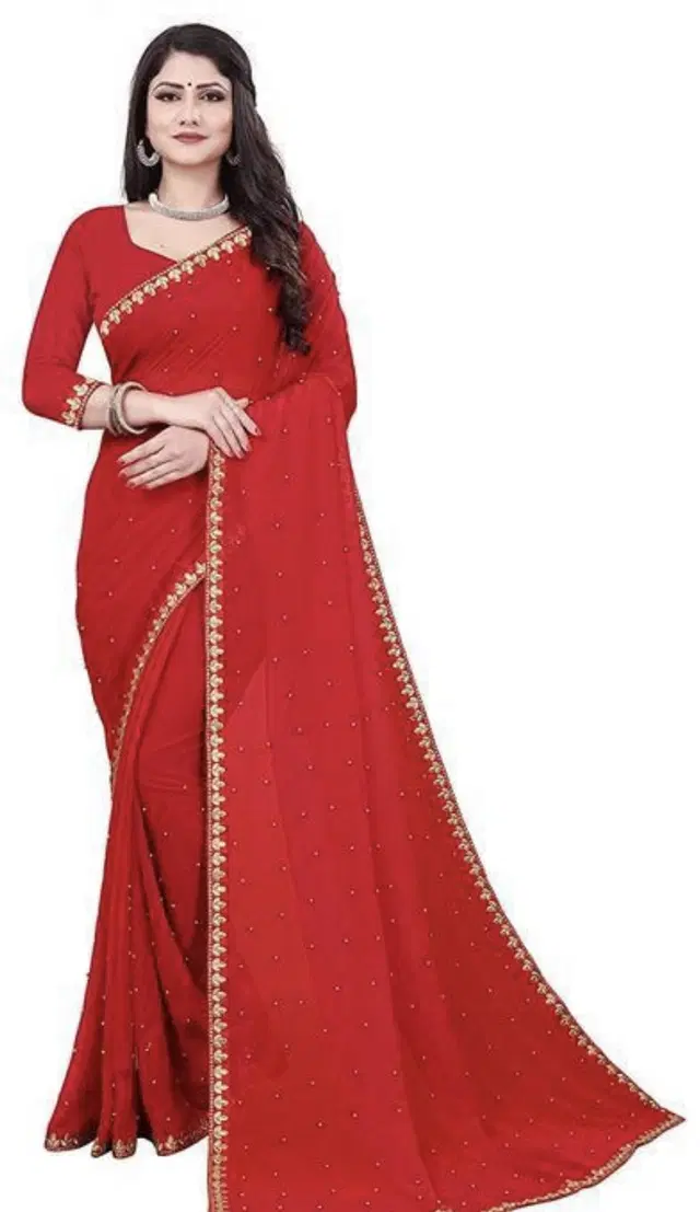 Lycra Blend Embroidered Saree for Women (Red, 6.3 m)