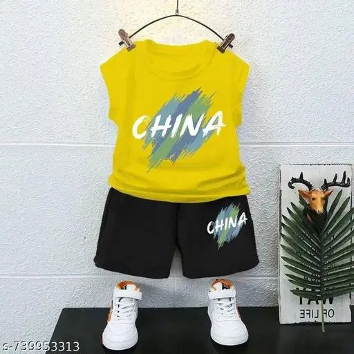 Sleeveless Cotton T-Shirt with Shorts Set for Boys (Yellow, 0-6 Months)