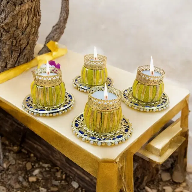 Metal Designer Tealight Candle Holder, Yellow, 8x8x6 cm, Pack of 4