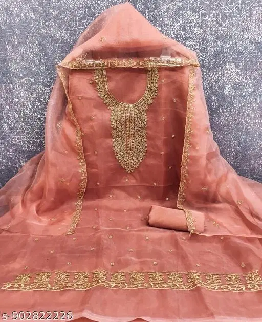 Organza Embroidered Patiala Suits for Women (Peach, Un Stitched)