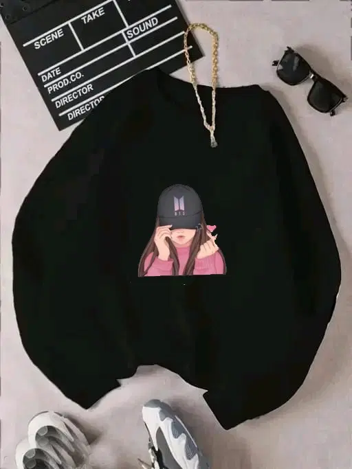 Fleece Printed Sweatshirt for Women (Black, S)