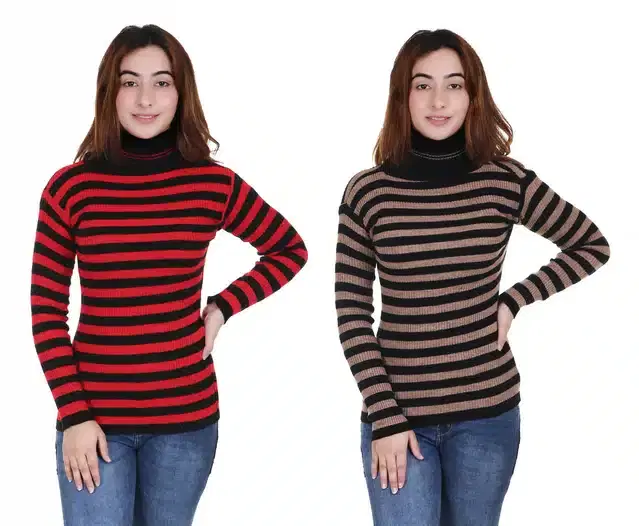 Full Sleeves Striped Sweater for Women, Pack of 2 (Maroon & Brown, S)