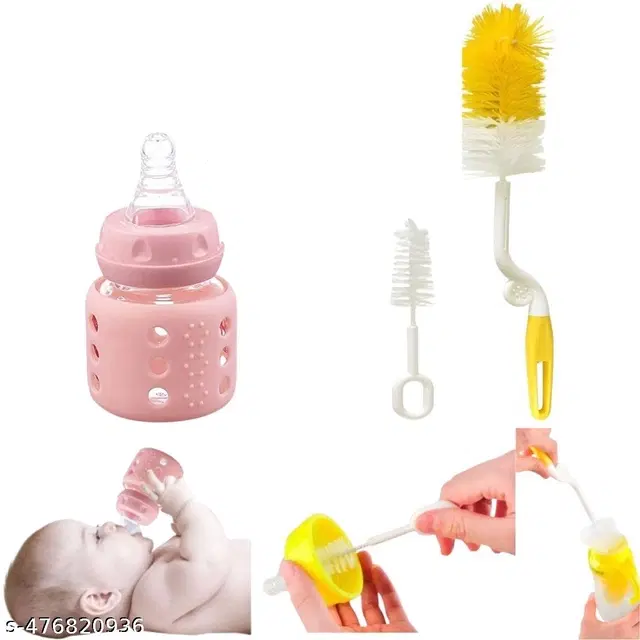 Combo of Milk Bottle, 60 ml with Bottle & Nipple Cleaning Brushes, Multicolor, Set of 3