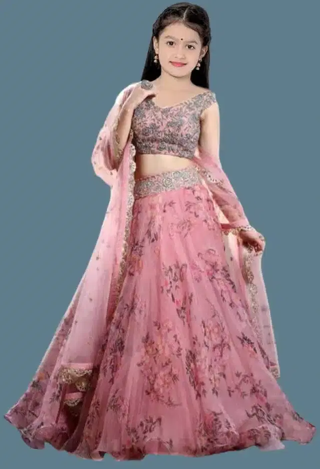Net Embroidered Semi Stitched Lehenga for Girls (Pink, 9-10 Years)
