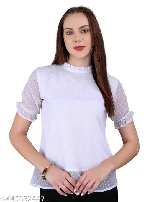 Casual Georgette Top for Women (White, XXL)