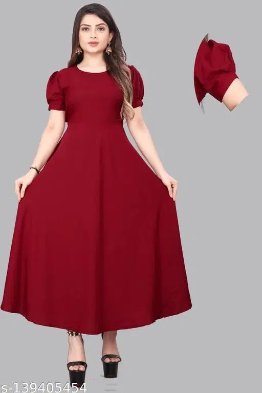 Fit and Flare Dress Solid, Pleated or Gathered for Women (Maroon, M)