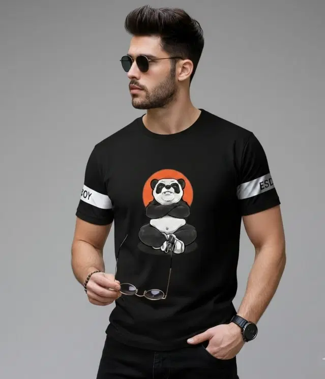 Polyester Printed T-shirt for Men, Black (M)