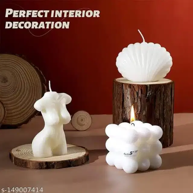 Women Torso with Big Bubble & Seashell Shaped Candles, White, Set of 3