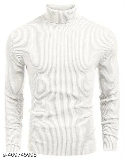 Cotton Solid Hi-Neck Sweater for Men, White (S)